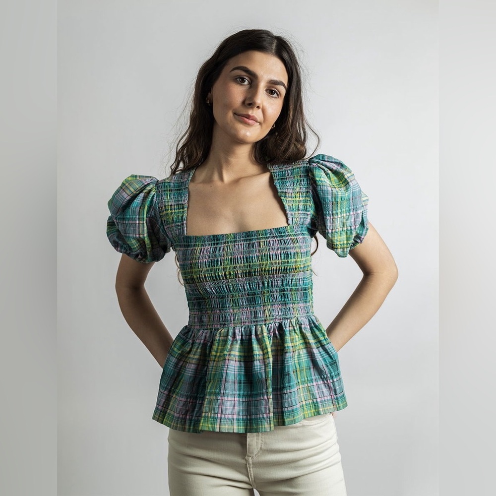 Ganni Shirred Tartan Blouse